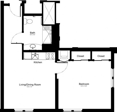 Floor plan for 1 bed, 1 bath, 614 sqft